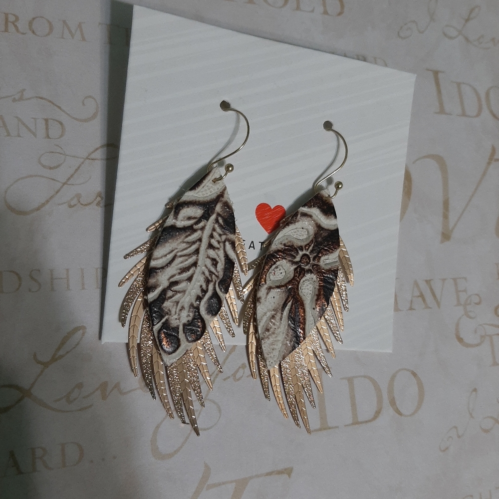 Leather Feather Drop Statement Earrings - image 5